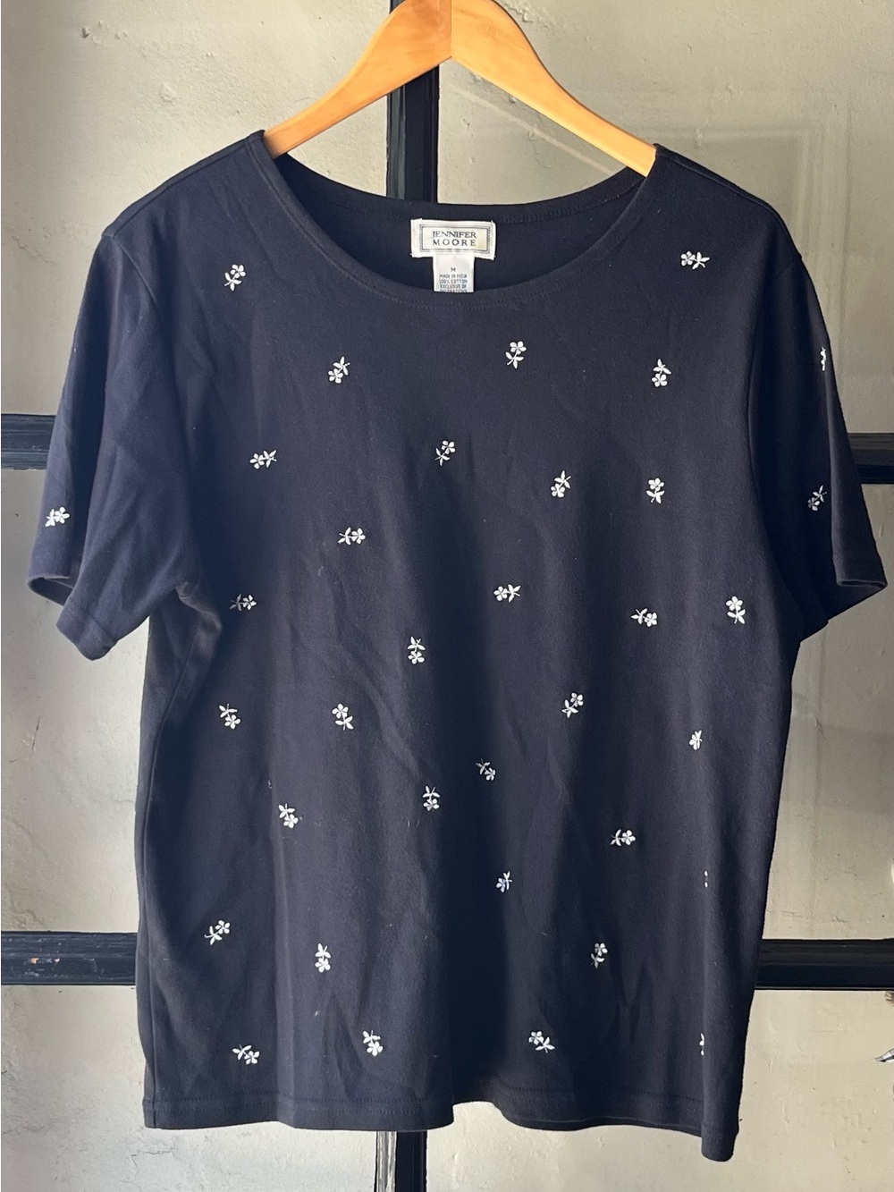 Vintage Jennifer Moore Black Embroidered Floral Cotton Tee